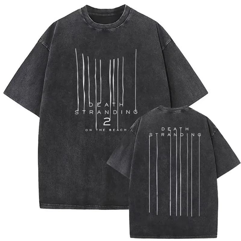 Vintage Washed Game on The Beach Print T Shirt Men Women gothic Fashion Cotton Short Sleeve T-shirt Streetwear