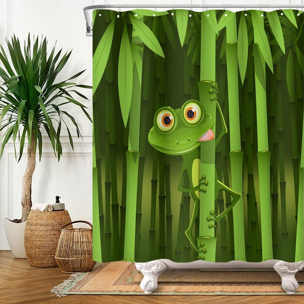 Cute Frog Shower Curtain with Funny Bamboo Cartoon, Animal Abstract Leaf Design Green Bathroom Decor Waterproof Polyester Set