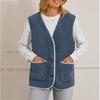 Women's V Neck Sleeveless Vest Loose Fit Casual Sherpa Waistcoat Single Button Fleece Gilet Winter Warm Layering Outerwear