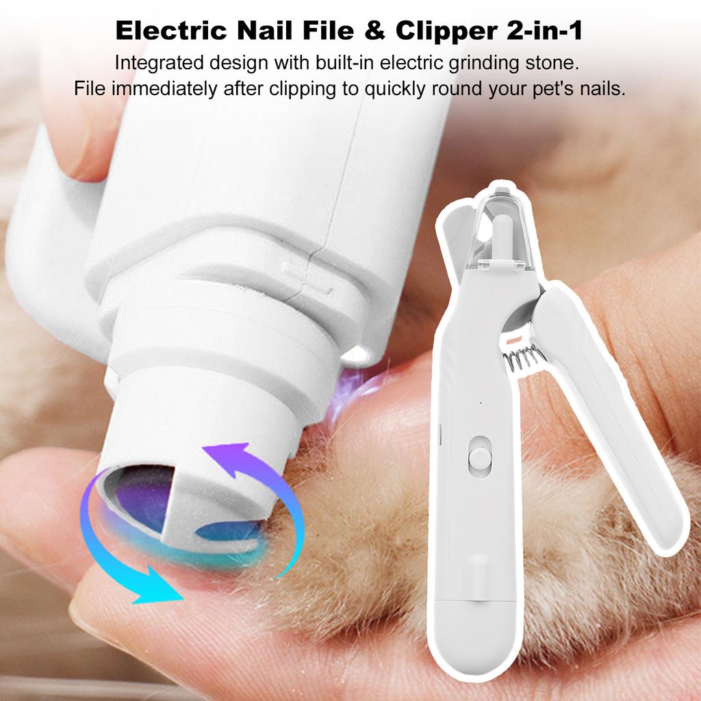 2-in-1 Electric Pet Nail Grinder with LED Light 200mAh Pets Claw Trimmer W/ Splash Guard for Cats Small Medium and Large Dog