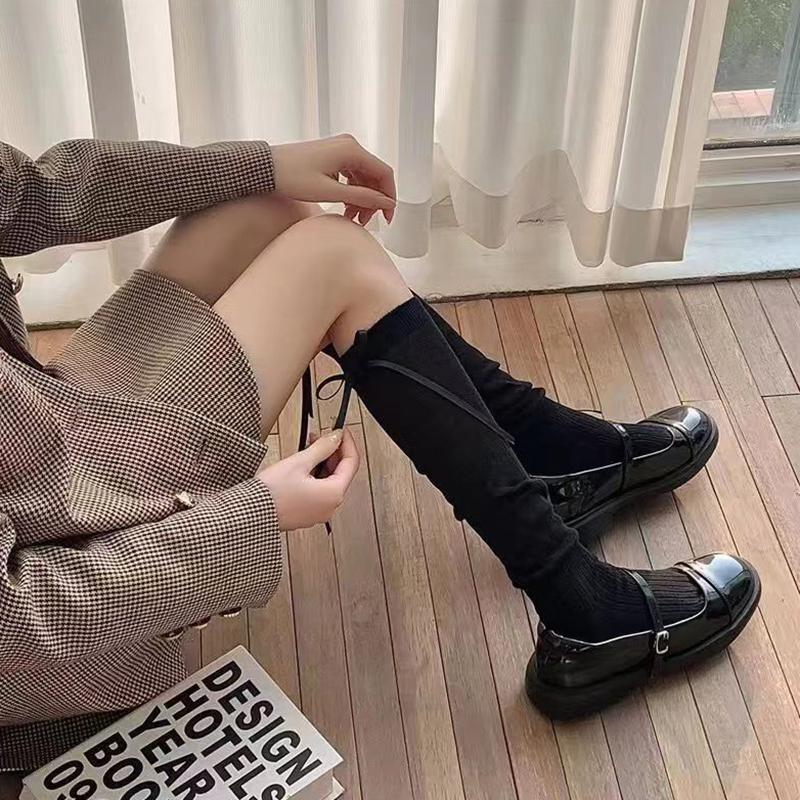1Pair Kawaii Lolita Long Socks For Women Girls Sweet Ribbon Bow Socks Ballet Style Solid Color Socks Simple Cute Calf Socks