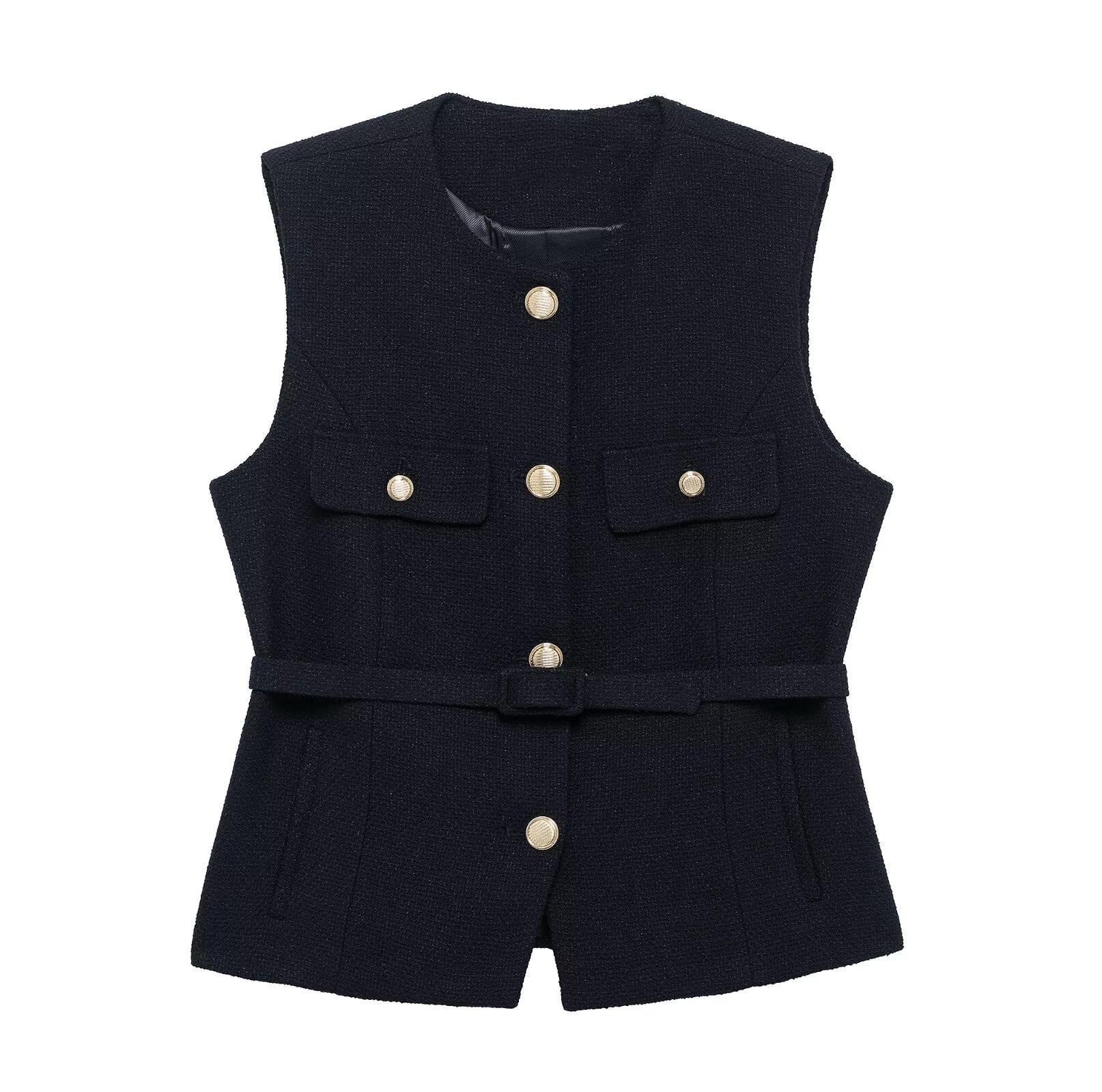 

2025 Spring Women s Sleeveless Textured Vest with Metal Buckle Belt Large чёрный
