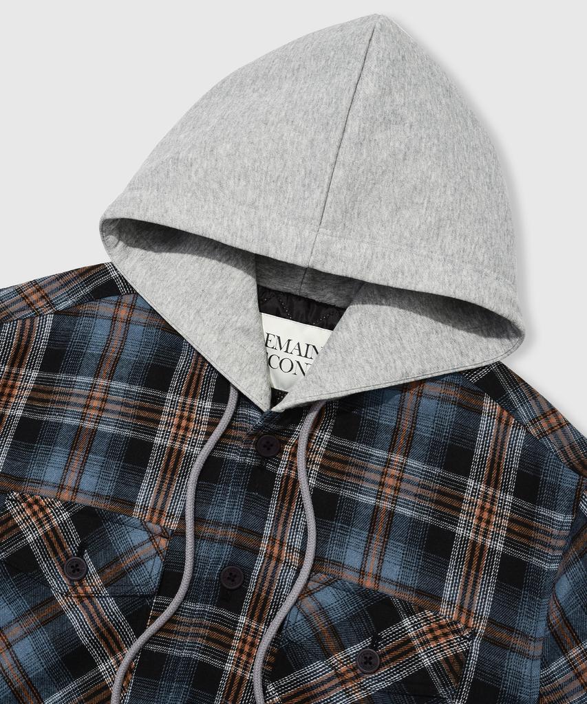 Lemain Second Oversized Flannel Pocket Check Hooded Jacket [Indie Blue]