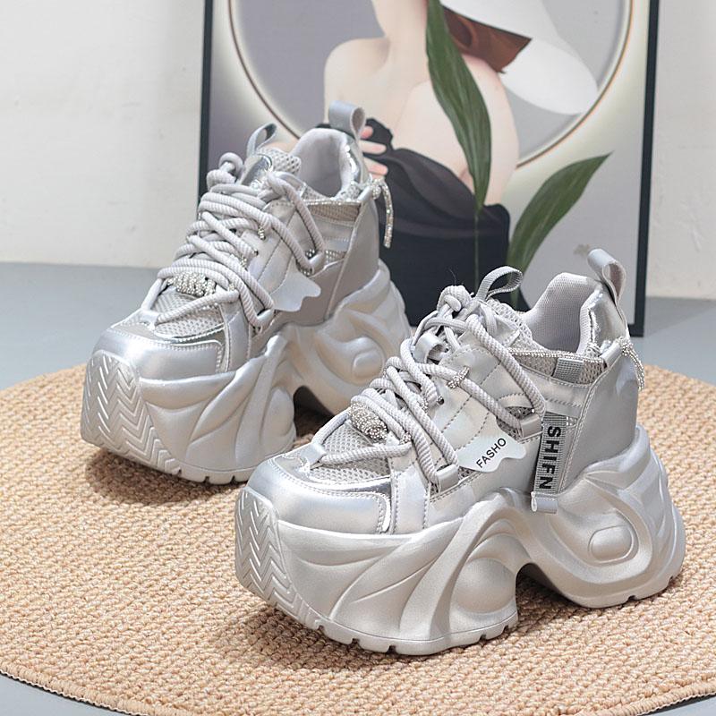 Fashion 12CM Genuine Leather Flats Lace Up Fashion Women Spring Autumn Platform Wedge Flats Shoes Chunky Sneaker Vulcanize