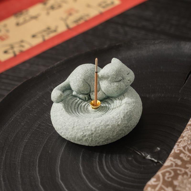Blue Sandstone Cat Incense Insert Tea Pet Incense Seat Living Room Indoor Line Incense Sandalwood Tea Ceremony Desktop Ornament