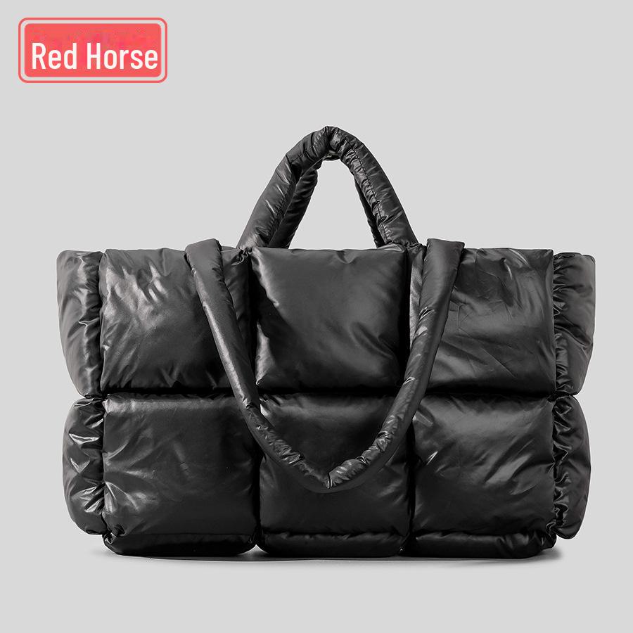 Women's Lightweight Black and White Checkered Tote – Soft, Down-Filled Shoulder Bag