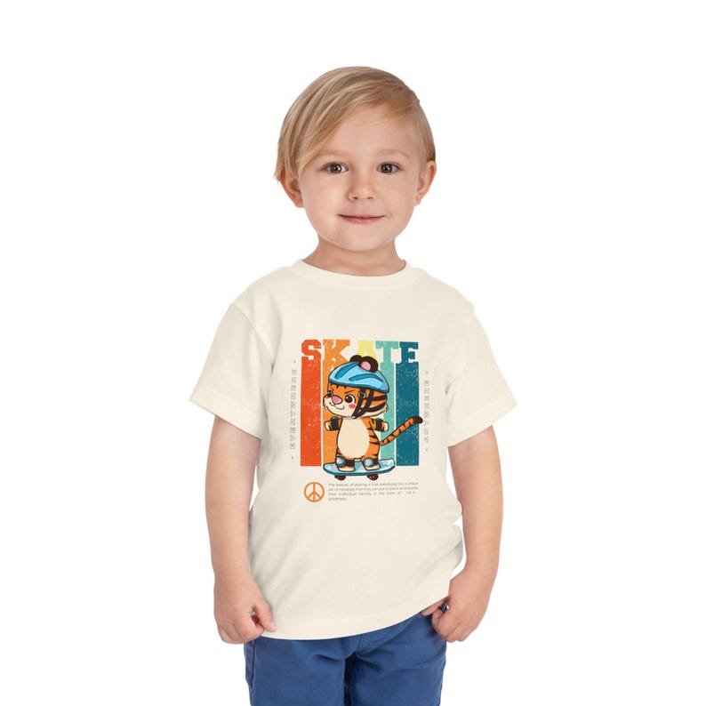 Toddler Tee – Skate Cat Illustration, Retro Stripes, Lightweight Cotton 150