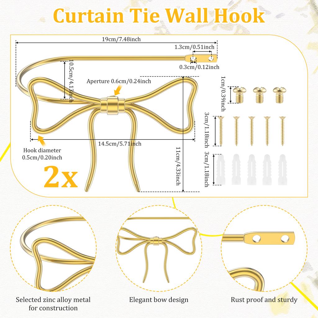 2Pcs Curtain Holdbacks Metal Bow Curtain Holdback Window Decor Finish Wall Hooks for Office Home Bedroom Luxe Drapes Tie Back