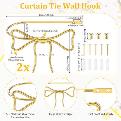2Pcs Metal Bow Curtain Holdback Decorative Gold Bow Knot Curtain Tieback Modern Window Drapery Holdback Hook for Home Bedroom