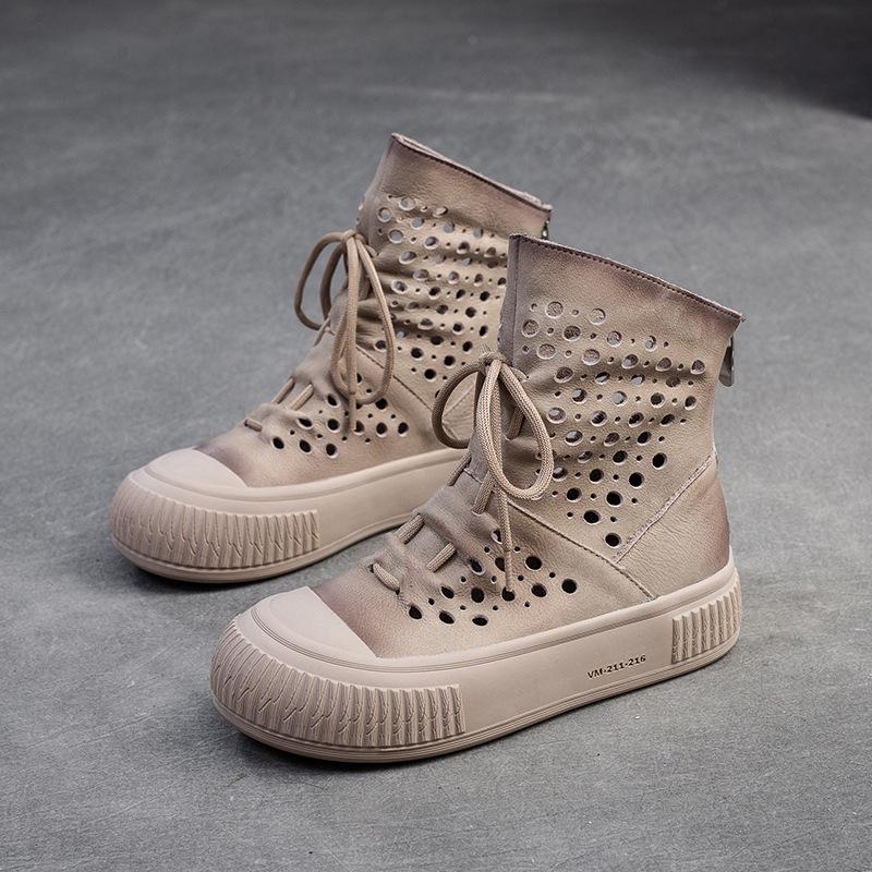 Fashion GKTINOO Summer New Women's Hollow Out Ankle Boots Genuine Leather Shoes Woman Low Square Heel Boots Ladies Zip Breathable Shoes