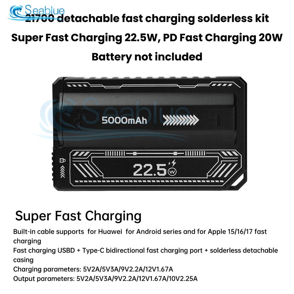 1X 21700 Power Bank Case Solder-Free DIY Kit PD 20W Fast Charging Detachable Cable Portable Battery Case for Outdoor Activities