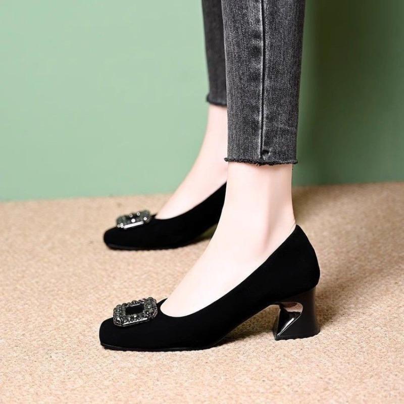 Square buckle rhinestone square head shallow mouth single shoes women's new autumn thick heel not tired feet black high heels