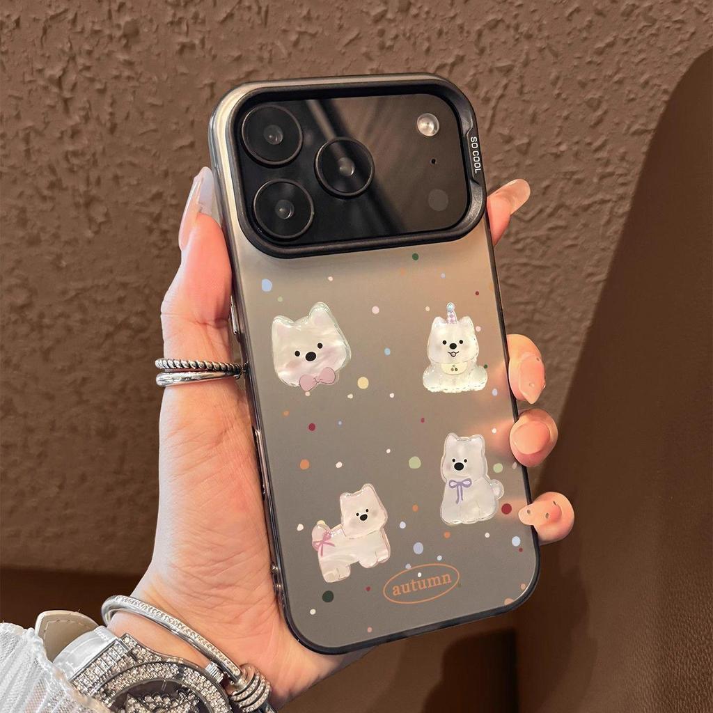 Embossed Polka Dot Westie Cartoon Phone Case: Fits Apple 16 Pro Max, Anti-Drop, Cute Niche for 14-17 Models.
