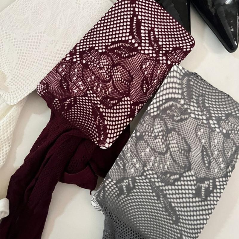 Korean Elegant Mesh Net Tights Hollowed Out Flower Pattern Stretch Full Length Stockings Fishnet Pantyhose for Women