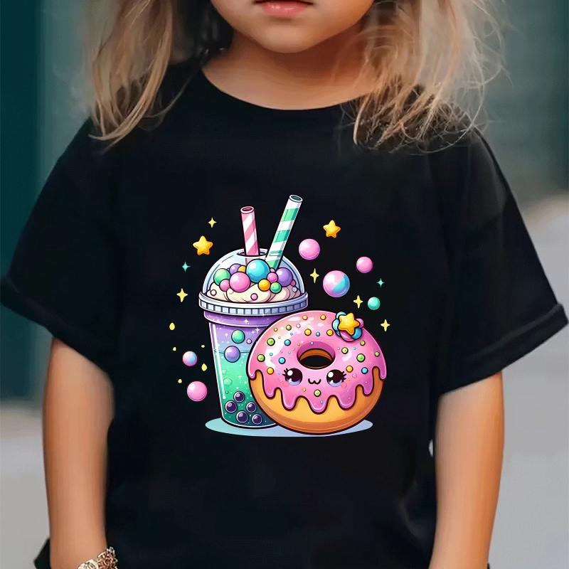 A White Short-Sleeve Top with a Sweet Milk Tea Donut Star Pattern, Perfect for Girls To Wear In The Summer