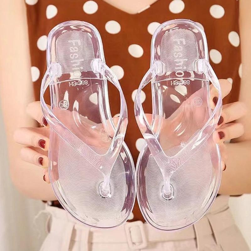 Beach Flip Flops Women Thong Sandals Summer Jelly Shoes Girls Transparent Slides Solid Fashion PVC Flat Non-Slip Slippers