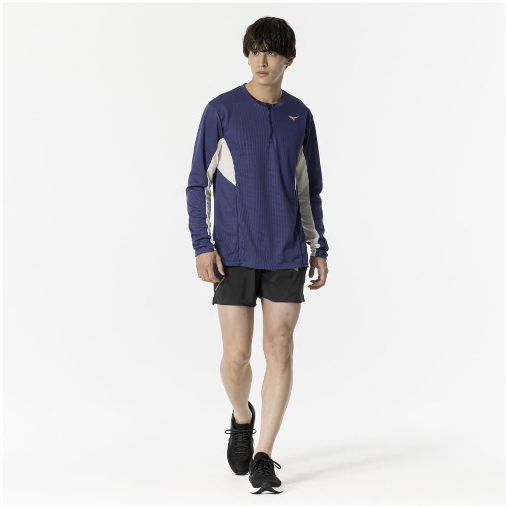 Mizuno Running Wear Dry Aeroflow Long Half Highly Estate Blue T-Shirt, Sleeve, Zip, Breathable, Reflective, J2MAB505, Men's,