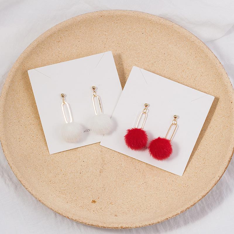 "925 Silver Needle Wool Ball Earrings: Cute Candy Color Long Earrings with Metal Splicing - Japanese & Korean Style for Autumn/Winter"