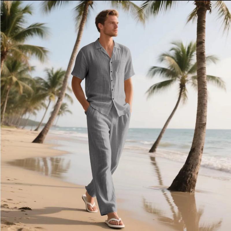 Męskie casualowe bawełniane lniane dwuczęściowe zestawy plażowe vintage podstawowe koszule i spodnie jednolity kolor casualowy garnitur męski hawajski dres