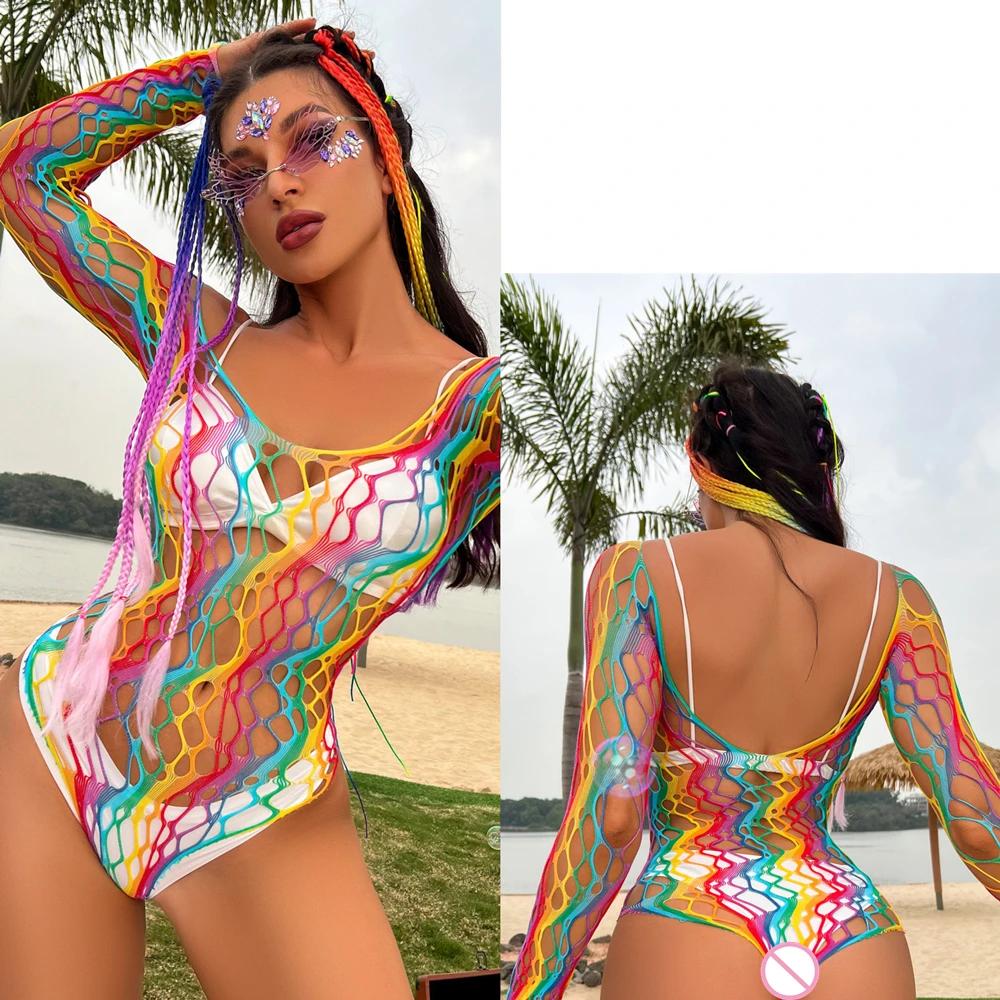 Sexy Rainbow Bodysuits Costume Erotic Fishnet Transparent Seductive Underwear Ladies Mesh Hollow See Through Bodycon Clothes