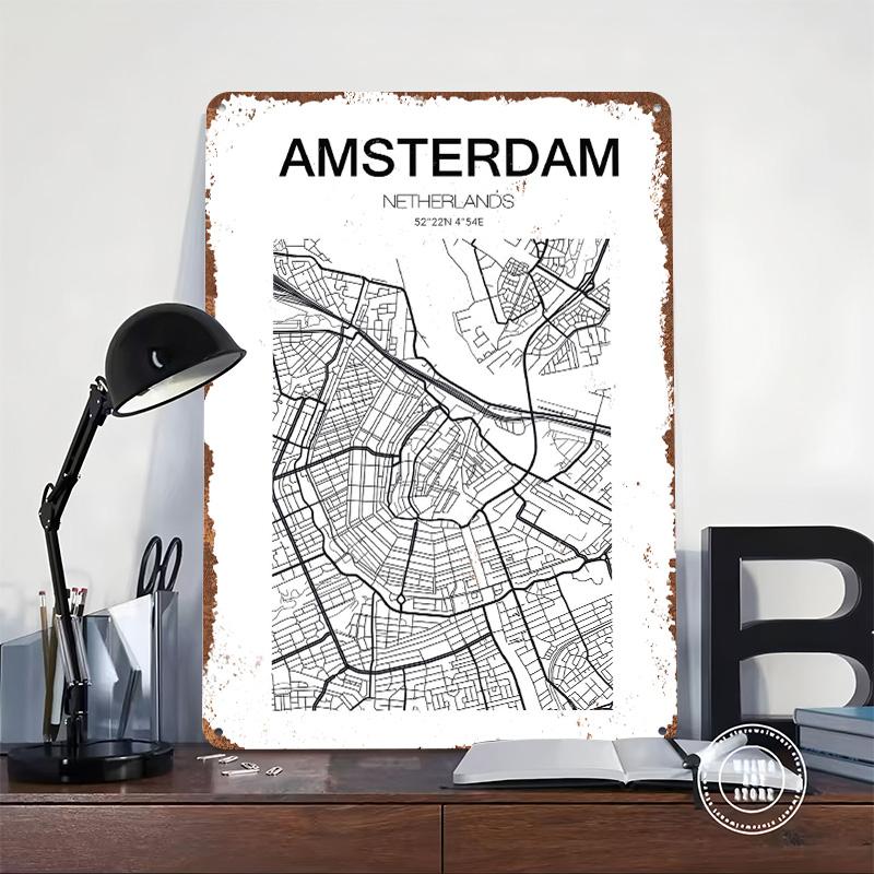 Amsterdam City Map Poster Customized Wall Art Vintage Metal Signs Retro Tin Plaque for Man Cave Home Decor Living Room Wand Deko