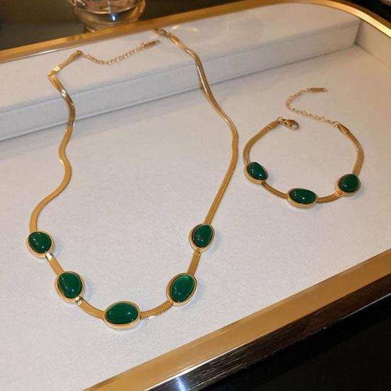 Women Jewelry Set Faux Emerald Decor Polished Snake Bone Chain Necklace Hanging Earrings Bracelet Titanium Steel Formal Occasion Party
