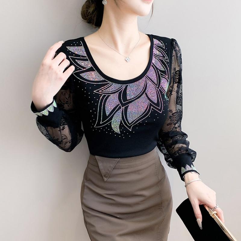 Spring Autumn Women's Hotfix Rhinestone Flower Lace Sleeve Patchwork T-Shirt Elegant Full Sleeve Tees Slim Ladies Tops