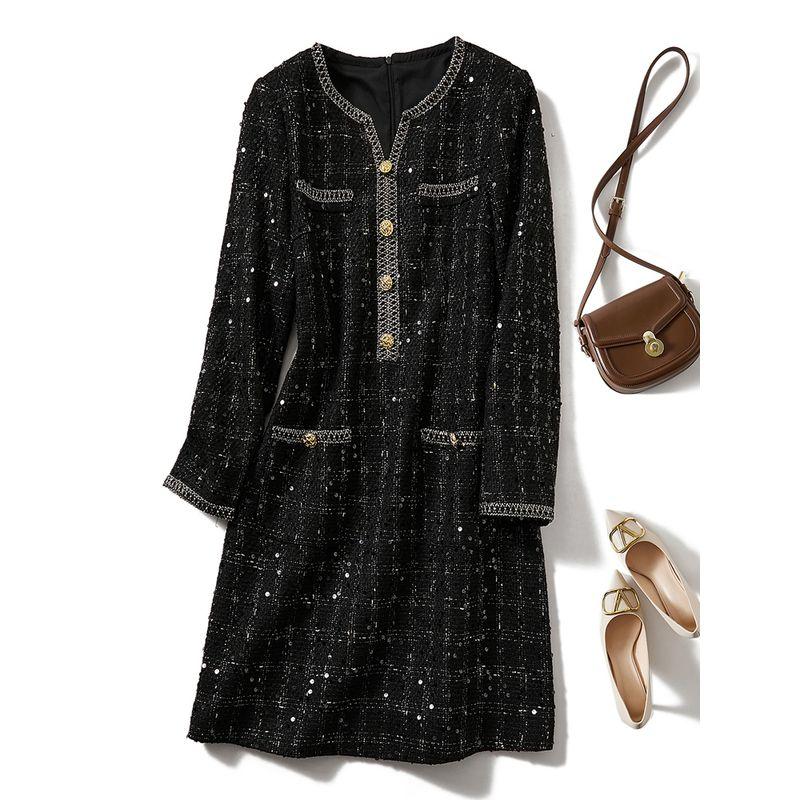 Graceful Wool Skirt! Workplace King Women Nine-Quarter Sleeve Small V-neck Gold Silk Sequins Three-Dimensional Plaid Dress