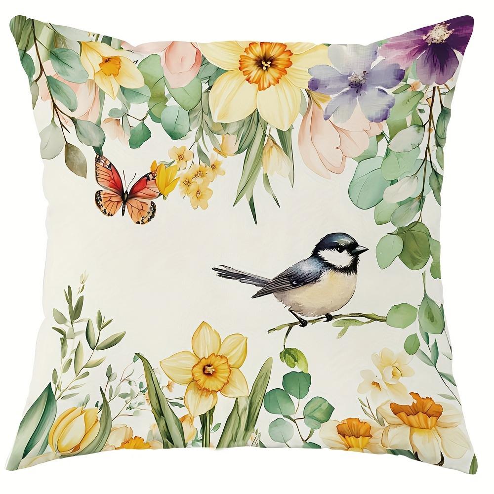 Spring Theme Pillow Cover Fresh and Warm Wind Green Bird Floral Print Pillowcase Sofa Chair Cushion Suite Decoration