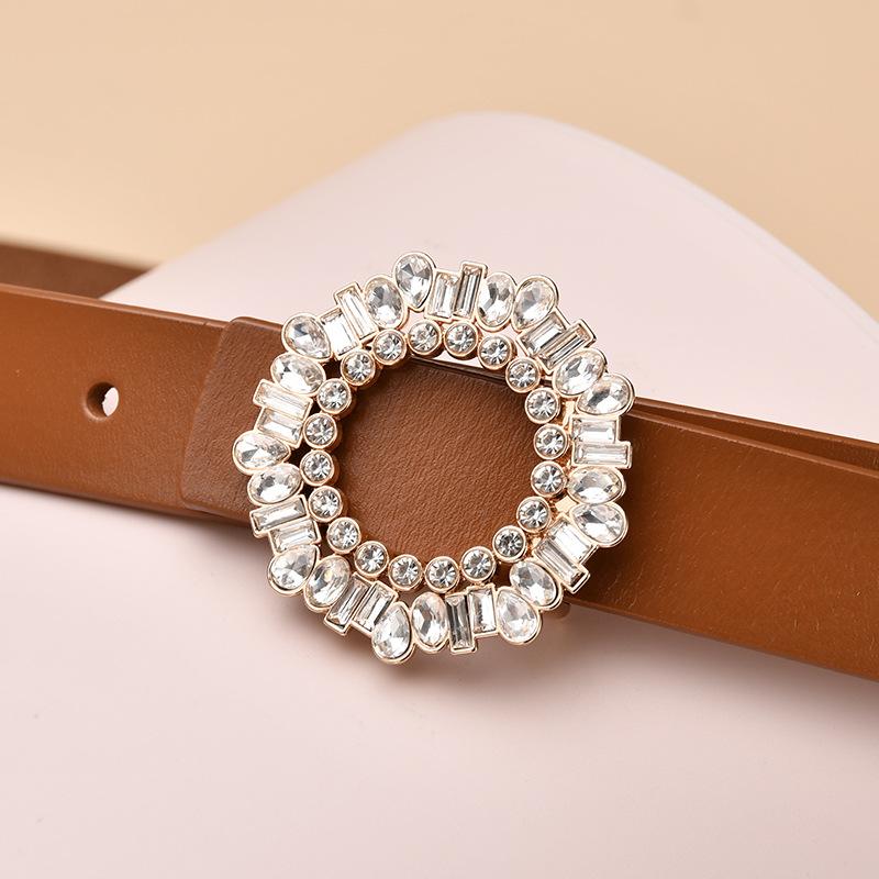 Ladies Belt With Crystal Diamond Square Buckle Decorative Belt Women'S Leather Smooth Buckle Belt
