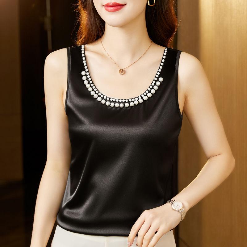 Women's 2024 Summer New Solid Color Round Neck Beading Sleeveless Fashion Commute Loose All-match Pullover Tanks Camisole Tops