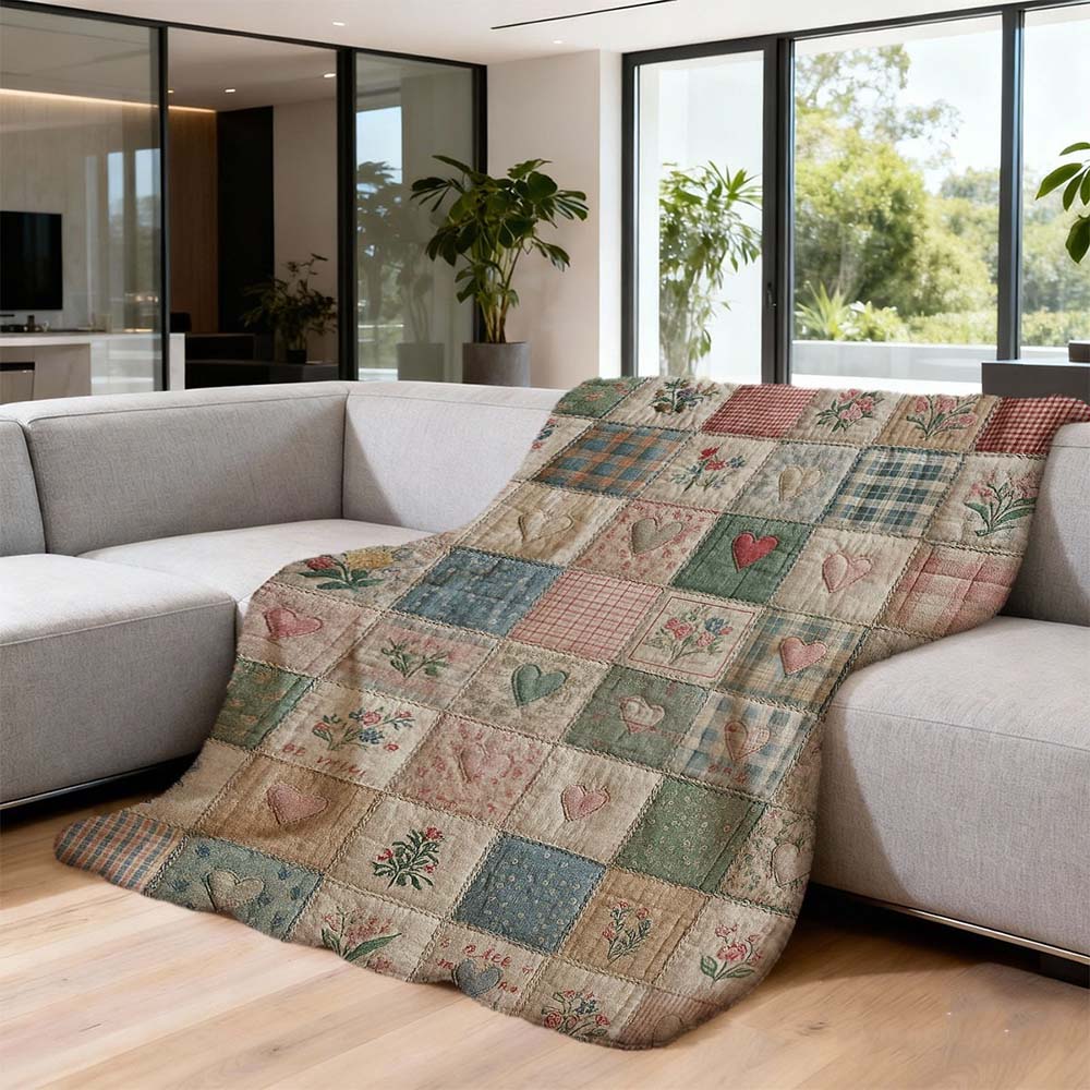 1 Stück Vintage Herz Florales Patchwork gesteppte Überwurfdecke Gemütliche Bauernhaus Heimdeko Decke für Couch Bett Sofa