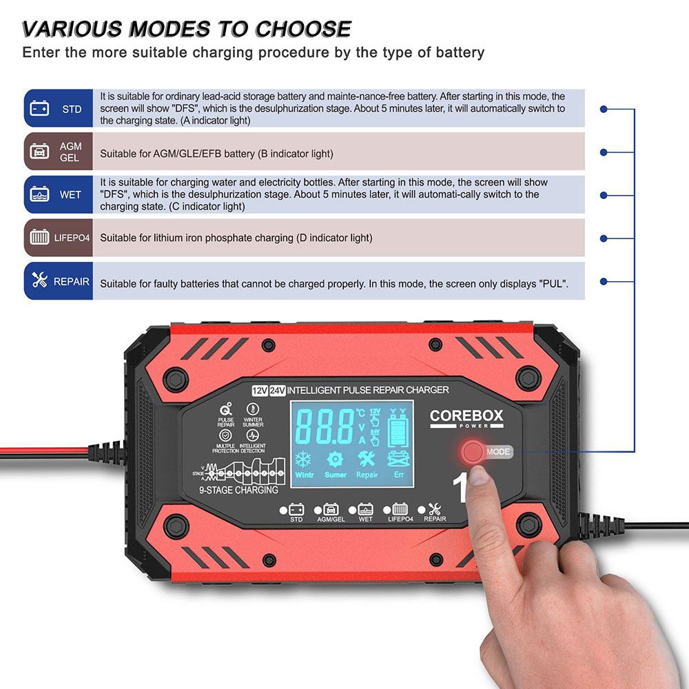 Car and Motorcycle Battery Charging Devices AGM Automotive Battery Charger 12V 10A Intelligent Maintenance of Lead Acid Battery