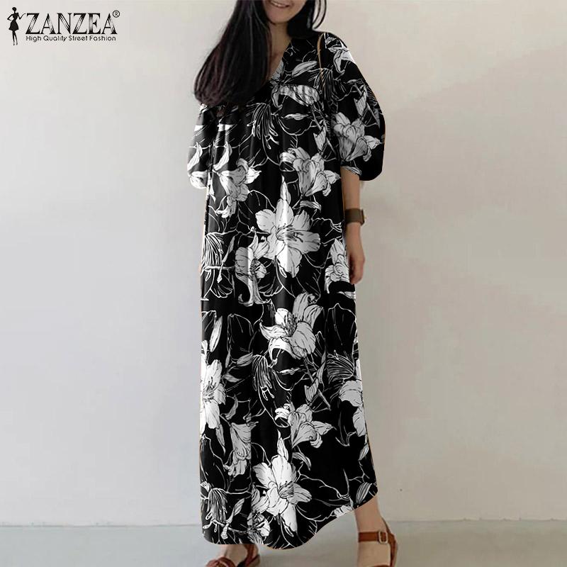 ZANZEA Women Summer V-Neck 3/4 Sleeve Loose Casual Print Dress