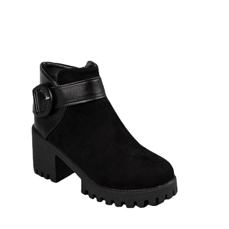 

2024 Обувь для женщин Ботильоны с боковой молнией женские Новые повседневные ботинки женские с пряжкой на ремне с круглым носком Туфли на платформе с толстым каблуком женские 42 чёрный