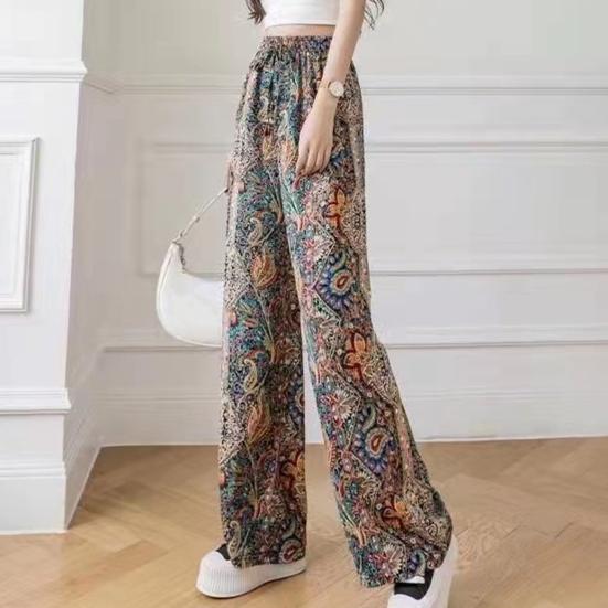 Women Summer Casual Pants Elastic Waist Adjustable Tie Straight Wide Leg Long Trousers Camouflage Striped Print Lounge Pants Streetwear