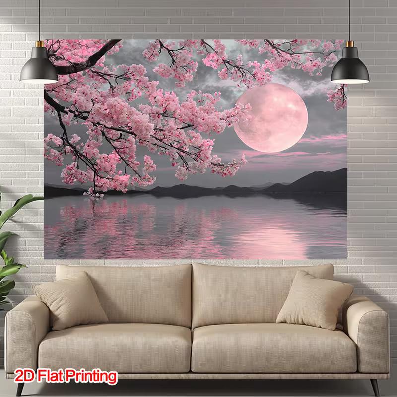 2D Night Moon Cherry Blossom Backdrop, Nature Landscape Photography Background