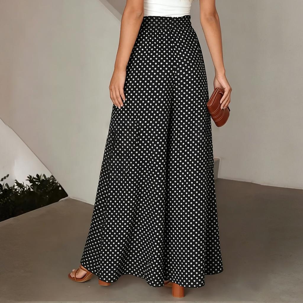 Women's Fashionable Bohemian Wide,leg Trousers With Elastic Waist And Polka Dot Print Long Skirt Pants