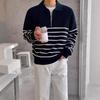 Men's Retro Korean Style Striped Half-Zip Sweater with Lapel