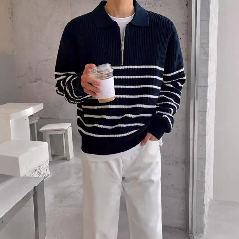 Men's Retro Korean Style Striped Half-Zip Sweater with Lapel