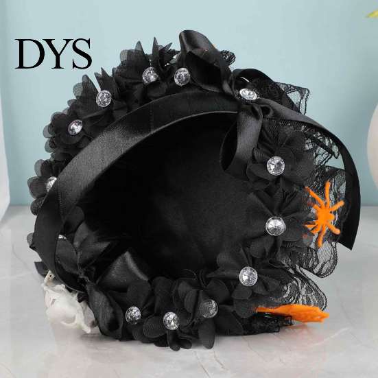 Kinder Süßigkeiten-Sammelkorb Schwarzer Blumenmädchenkorb mit Griff und Satinband, Gotischer Spitzen-Skelett-Kleinteile-Aufbewahrungsbehälter Halloween-Snack