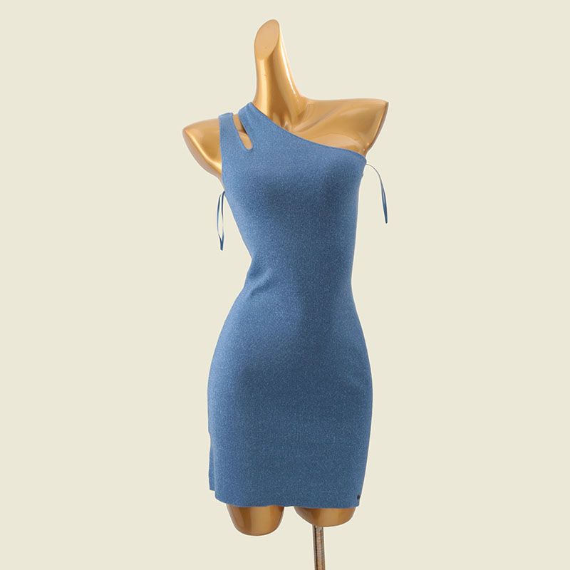 

Summer Single-Side off-Shoulder Silver Silk Bodycon Dress Foreign Trade Original Order Silm Slim and Sexy Pure Desire Thin Knitting Dress Blue M