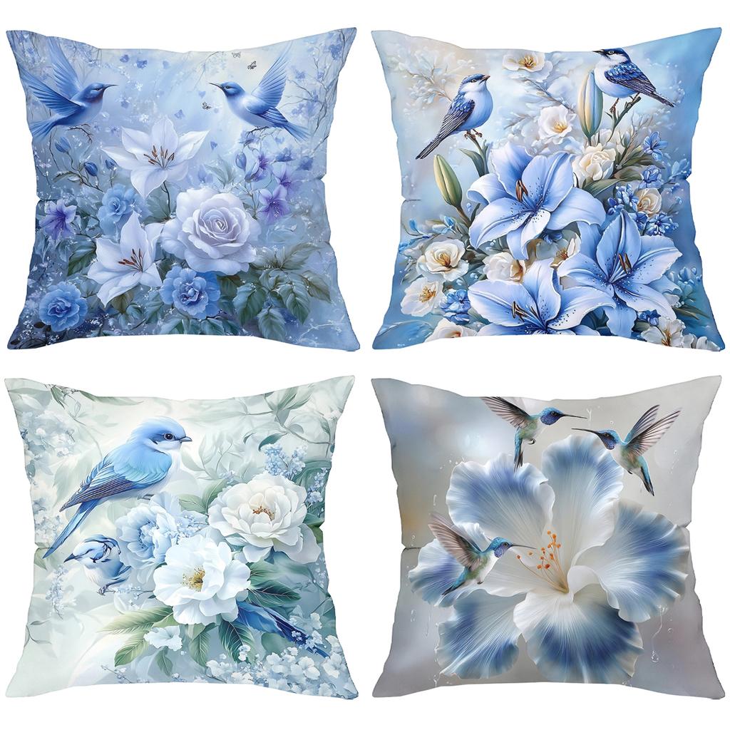 Blue Floral And Bird Pattern Decorative Cushion Covers Polyester Pillowcase, Sofa Decorative Cushion Cov Headboard Pillow