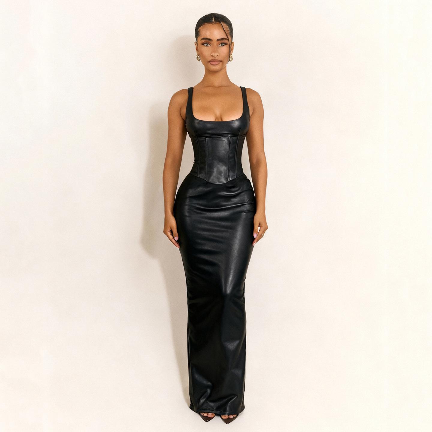 

European & American Spicy Style Slim Low-Cut Leather Dress, Waist-Cinched, Hip-Hugging, U-Neck, Open-Back, Long, Sexy & Fashionable Small чёрный