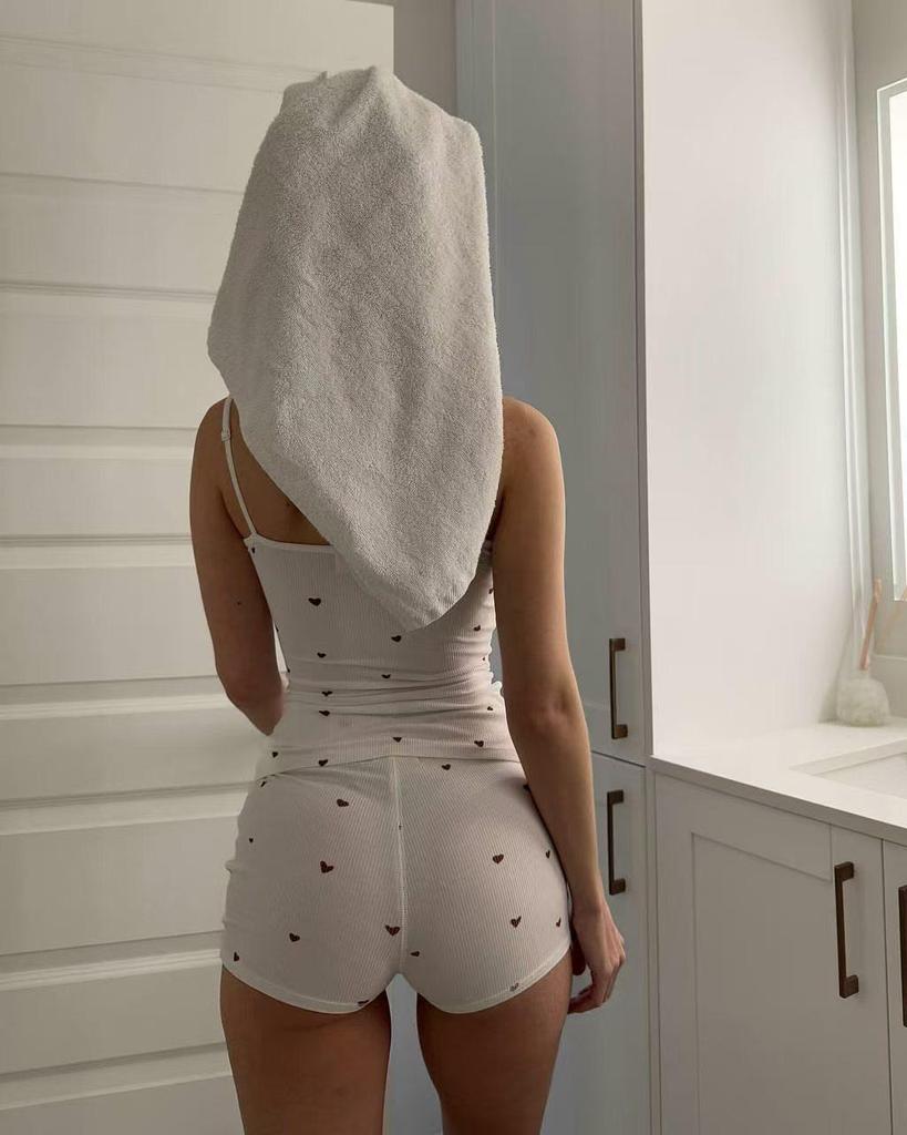 Damen-Strick-Pyjama-Set mit Herzmuster - Weste und elastische Shorts 2025
