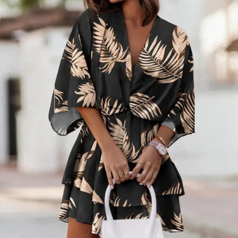 

Женские осенние свободные платья с v-образным вырезом и рукавами летучая мышь с принтом XXL