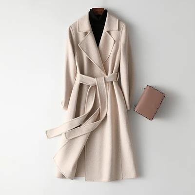 Women's Long Woolen Coat with Knee-length Lace-up, Slimming Woolen Coat for Women, Thickened