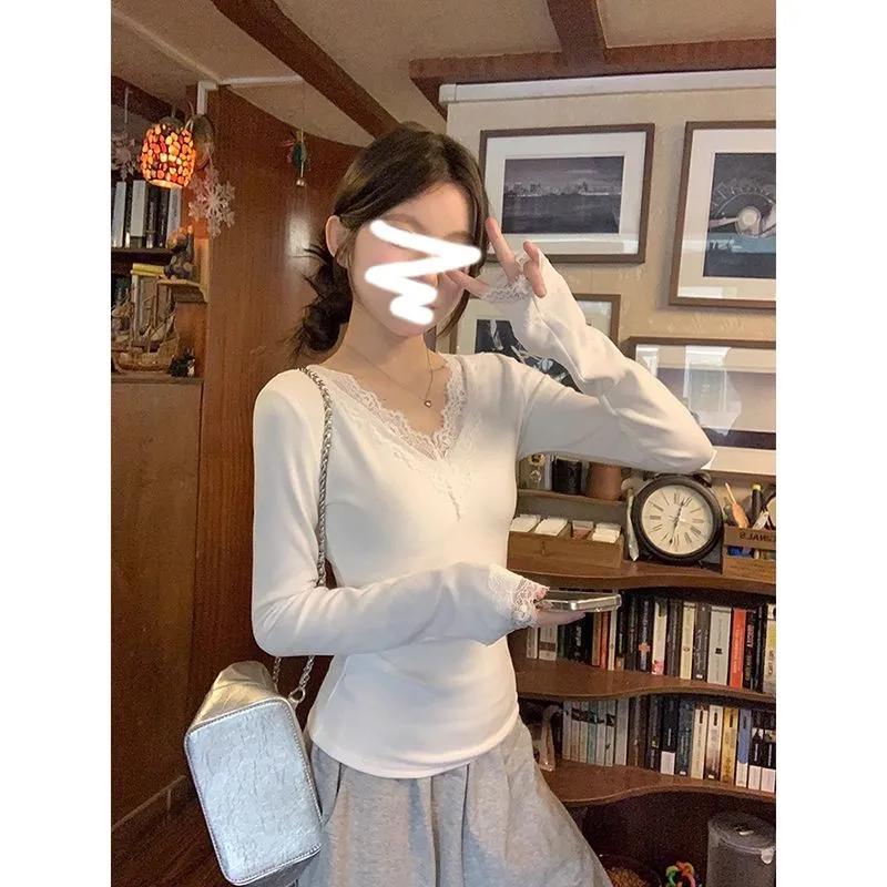 Women White Lace Trim V Neck Long Sleeve Slim Fit Top