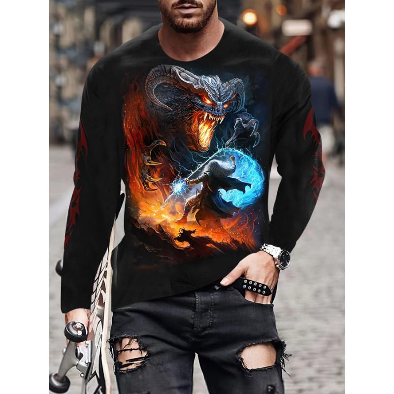 Modisches Herren Rundhals Langarm 3D Lässiges Farbprint Lässiges Langarm Rundhals T-Shirt
