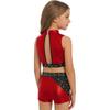 Top Corto da Ragazza con Strass Collo Alto Senza Maniche Blocco di Colore Metallizzato Pantaloncini Outfit Danza Ginnastica